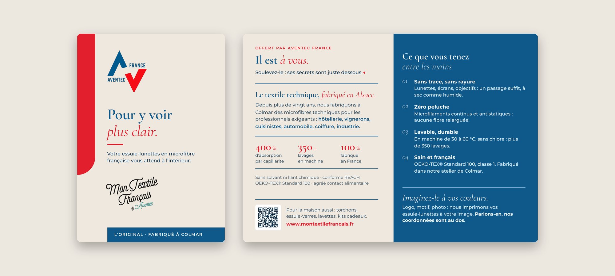 La couverture et l'intérieur de la carte, essuie-lunettes retiré : chiffres clés, arguments et offre de personnalisation