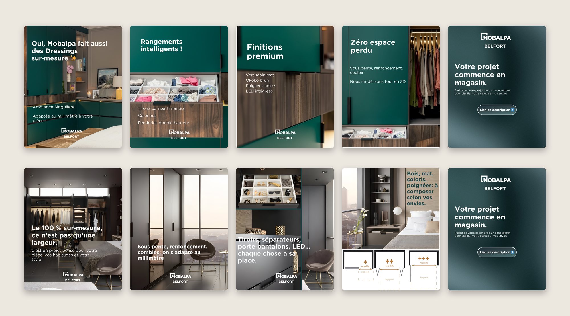 Deux carrousels Facebook sur les dressings sur mesure : rangements, finitions, adaptation au millimètre