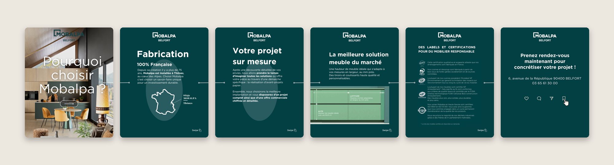 Carrousel Instagram « Pourquoi choisir Mobalpa ? » : fabrication française, sur-mesure, labels