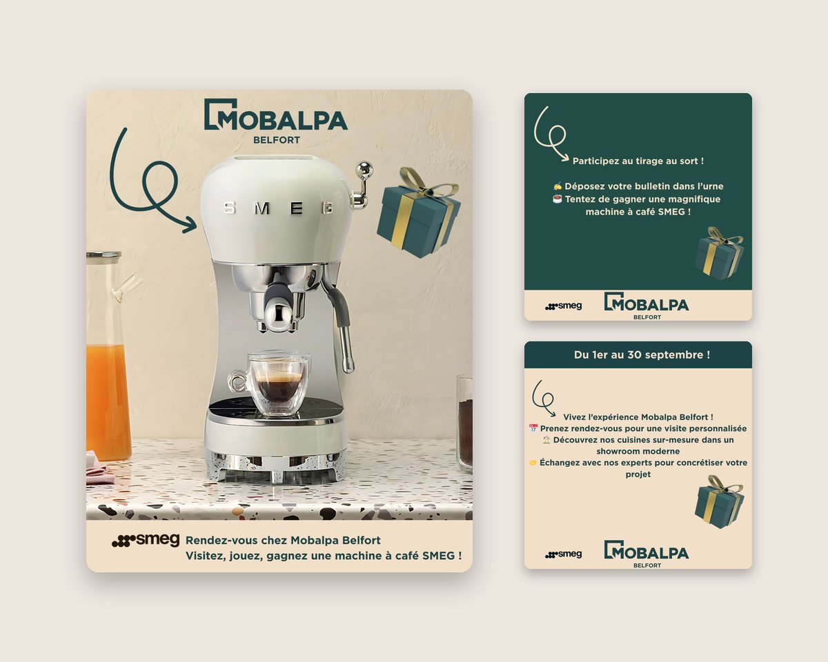 Jeu-concours en magasin : une machine à café SMEG à gagner, en version Instagram animée et Facebook