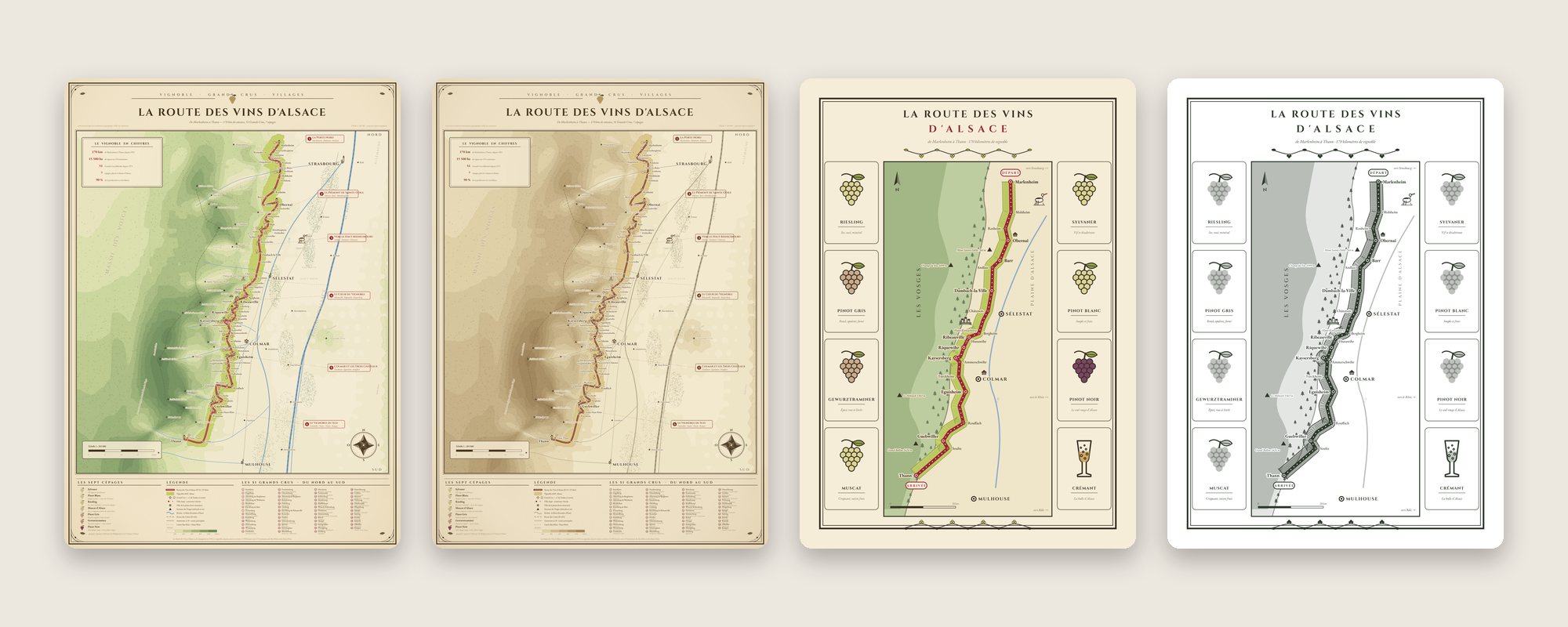 Les quatre versions : affiche couleur, affiche sépia, essuie-verre couleur et essuie-verre une couleur