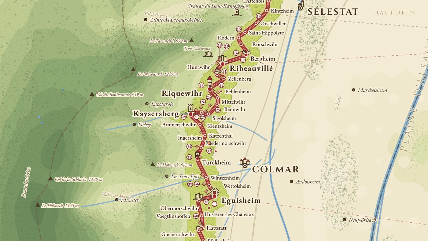 Détail de la carte couleur : de Sélestat à Eguisheim, la route, les grands crus numérotés et le relief des Vosges